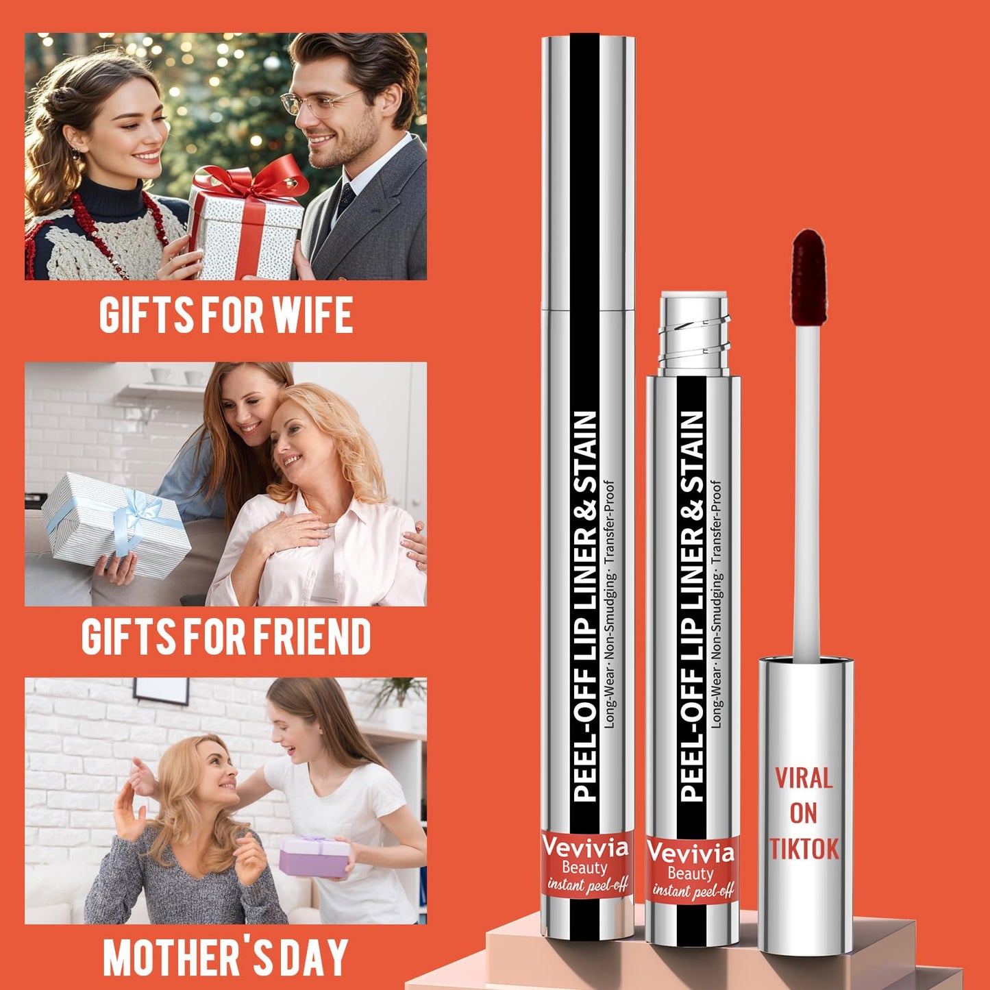 Vevivia 4pcs Lip Stain Peel Off - Lip Liner Stain Long Lasting Waterproof with Tweezer,2-in-1 Lip Liner Matte, Non-Stick Cup,Stay On All Day,Perfect for Gift(Cocoa+Rose+Nude+Mauve)