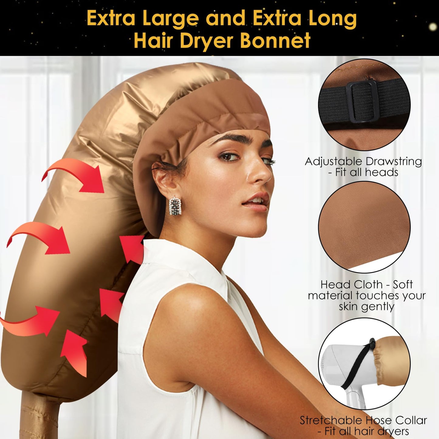 TEPENAR Hair Dryer Bonnet Attachment: Upgraded Extra Large Hooded Dryer Adjustable Hair Dryer Caps - Easy to Use for Natural Curly Textured Hair Care Styling Fast Drying - Gold