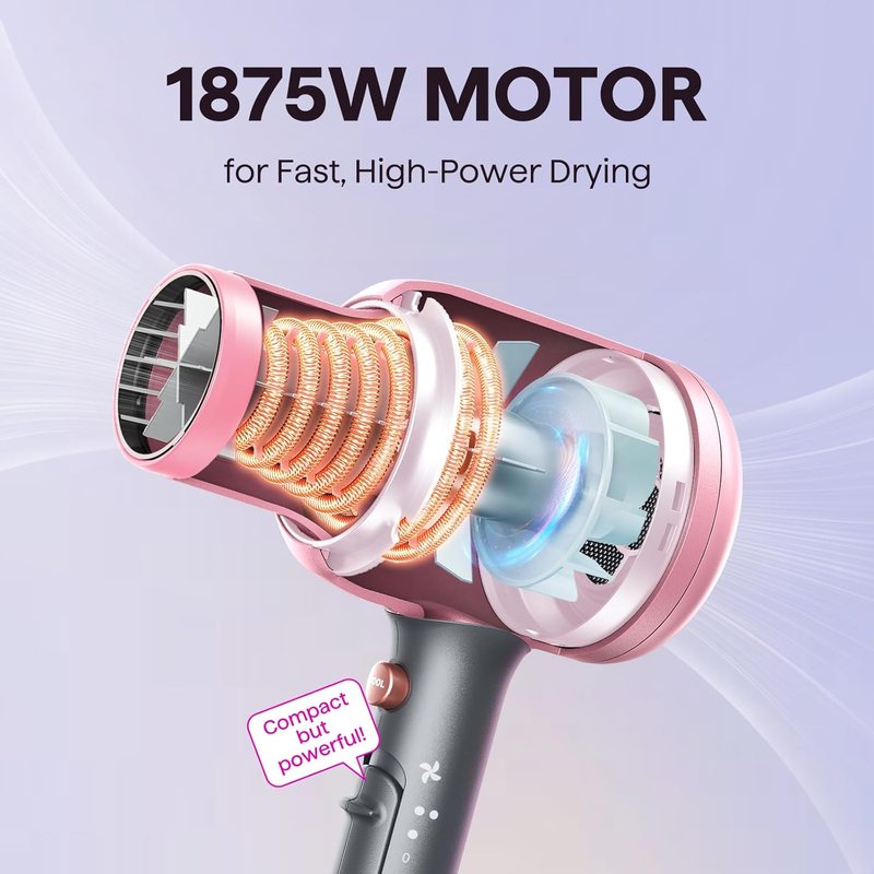 Ionic Hair Dryer for Curly Hair - 1875W Fast Drying Blow Dryer with Diffuser & 3 Attachments | Rose Gold