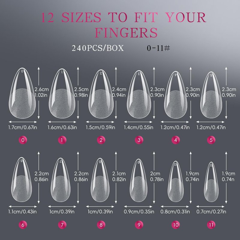 krofaue 240Pcs Almond Nail Tips - Professional Soft Gel Press on Nails with Half Matte 12 Sizes Acrylic Fake Tips for Gel Polish & Dip Powder DIY Home Manicure