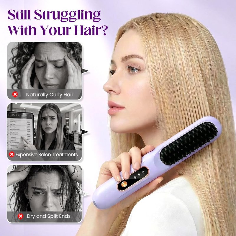 Portable Straightener Brush for Short Hair, 2026 Upgraded Cordless Straightening Brush with 30s Fast Heat, 3 Temperature Setting, Ionic Ceramic Care, USB-C Rechargeable for Frizz Free Styling (Purple)