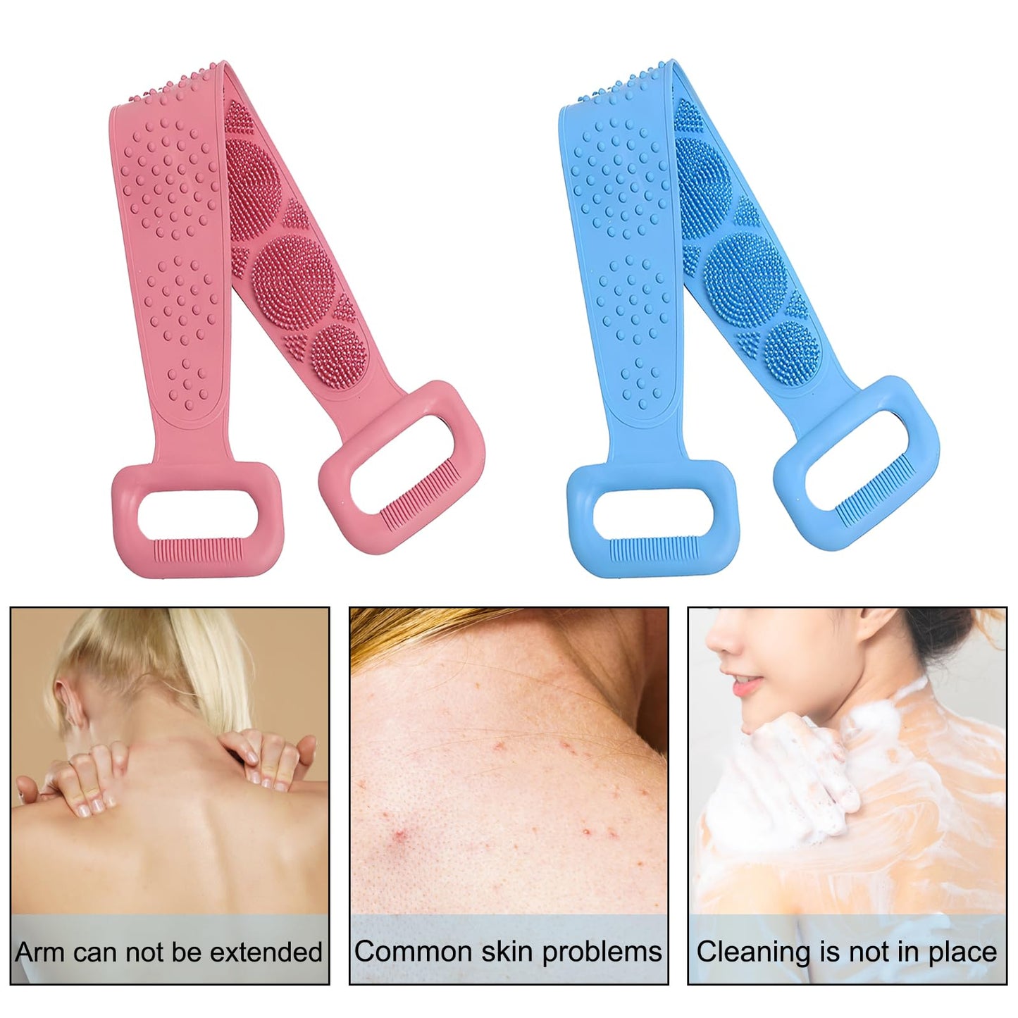 MAYWILLA Silicone Body Scrubber for Shower,Silicone Back Body Scrubber with Handle,27.5 Inch Exfoliating Deep Clean Bath Body Brush Scrubber for Men and Women-2 PCS