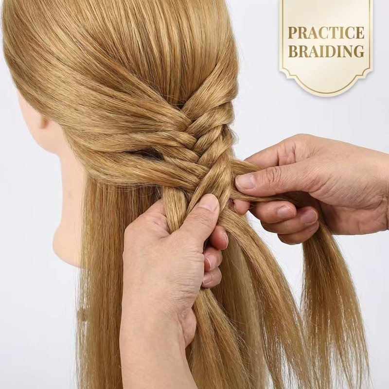80% Real Hair Mannequin Head Training Head Manikin Cosmetology Doll Head for Hairdresser Practice Braiding Hair Styling with Clamp stand 26-28inch