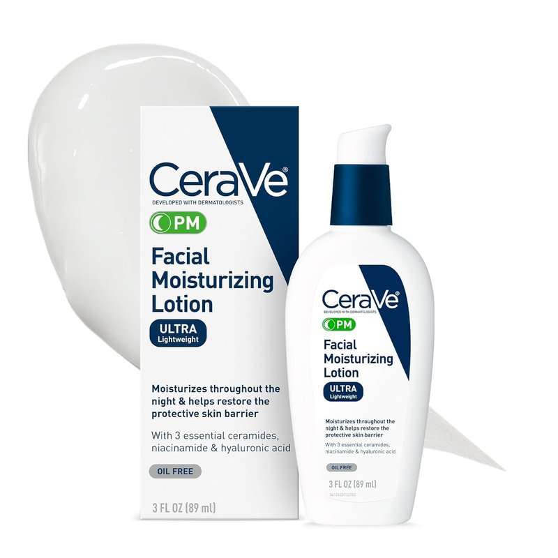CeraVe PM Facial Moisturizing Lotion - Night Cream with Hyaluronic Acid & Niacinamide | Ultra-Lightweight, Oil-Free, 3 oz
