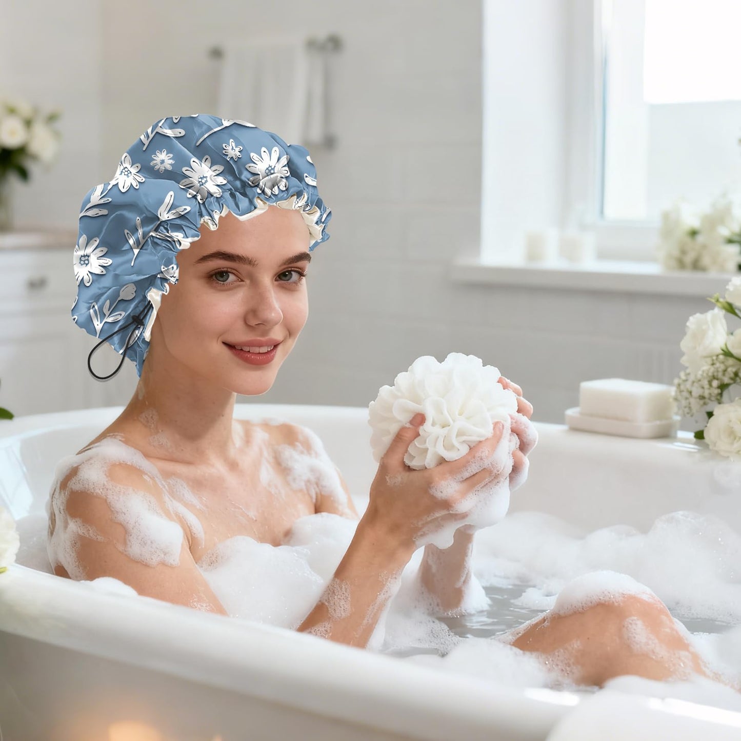 BHAHB Shower Cap Reusable Double Layer Adjustable Elastic Waterproof EVA Hair Bath Caps for Women Girls Cute Aesthetic-White Flower