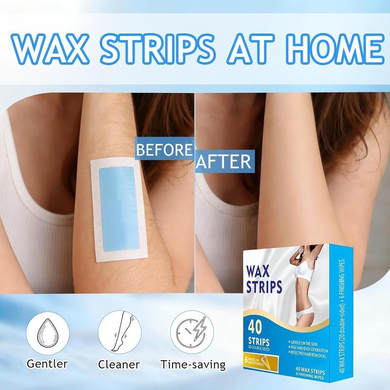 Face Wax Strips for Hair Removal, 40 Facial Waxing Strips for Women with Sensitive Skin, Gentle & Fast At-Home Wax Strips for Face & Body, Upper Lip, Arm, Leg, Bikini Line (Blue)
