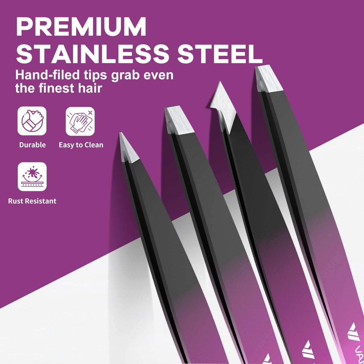 VANWIN Tweezers Set, 4 Pack Professional Stainless Steel Precision Tweezers with Slant, Pointed, Flat & Angled Tips for Eyebrow, Facial Hair, Ingrown Hair, Splinter & Blackhead Removal for Women & Men