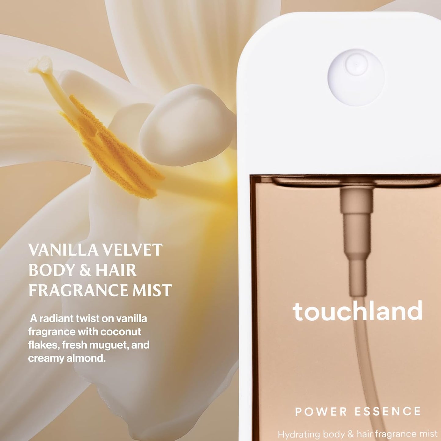 Touchland Hydrating Body & Hair Fragrance Mist - Vanilla Velvet | 2 FL OZ Travel Size Perfume Spray with Notes of Vanilla, Fresh Muguet & Creamy Almond
