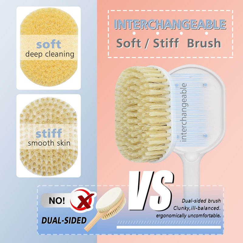 Portable Shower Brush,Long Curved Foldable Handle with Soft and Stiff Bristles,Back Scrubber Bath Brush Removable Body Exfoliator for Wet or Dry Brushing