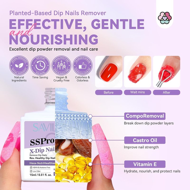 SAVILAND Dip Powder Remover Kit - Gentle & Safe Nail Removal | 2 Pcs with Cuticle Oil & Nail File, 0.5 Floz