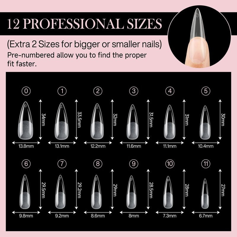 Luckyfairy Long Stiletto Nail Tips: 240pcs Long Almond Matted Stiletto Gel Nail Tips No C Curve False Acrylic Fake Nails Full Cover Press On Nails Extensions DIY Home Salon 12 Sizes