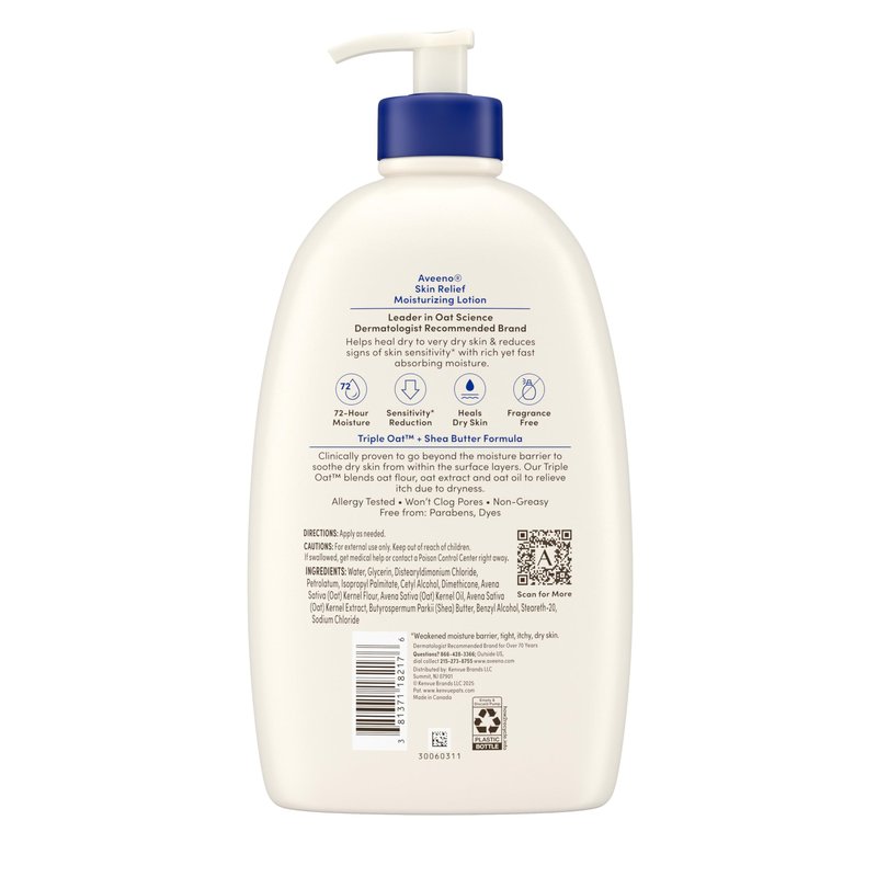 Aveeno Skin Relief Moisturizing Lotion Heals Very Dry, Sensitive Skin, Fast-Absorbing Body Lotion with Triple Oat & Shea Butter, Fragrance Free, Non-Comedogenic, Value Size, 33 fl. oz