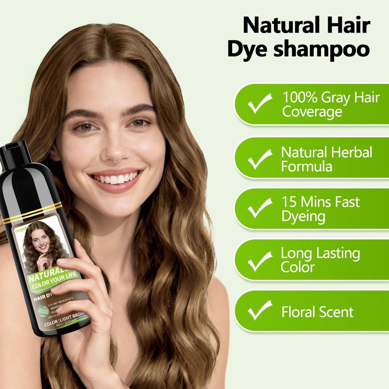 RKQNIER Light Brown Hair Dye Shampoo for Women & Men, 20 Min Gray Coverage, 3 in 1 Semi-Permanent Hair Color Shampoo with Natural Herbal Ingredients
