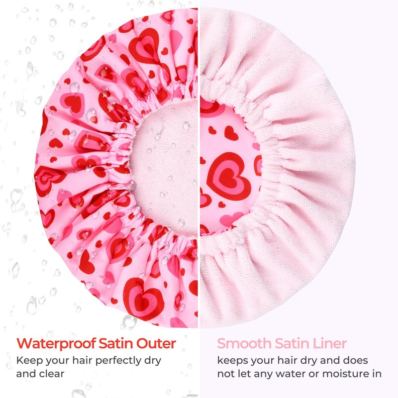 Shower Cap for Women Terry Lined Bath Cap Large Reusable Waterproof Elastic Band Pink Love Shower Caps for Long Thick Hair Soft Bath Shower Hair Caps