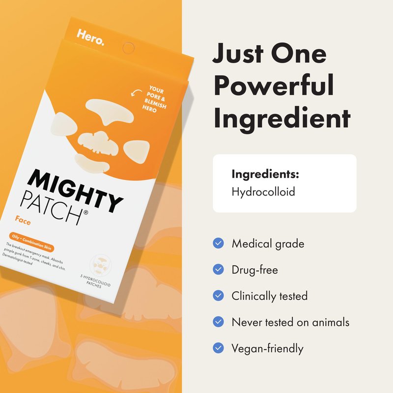 Mighty Patch Hero Cosmetics Face Patch - XL Hydrocolloid Face Mask for Acne, 5 Large Pimple Patches for Zit Breakouts on Nose, Chin, Forehead & Cheeks (1 Count)