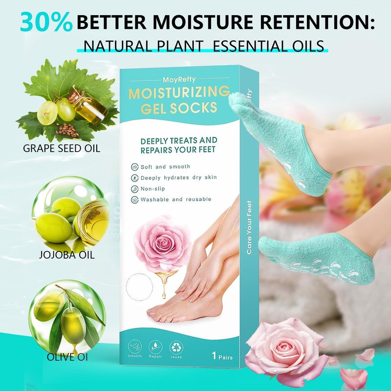 MoyRetty Moisturizing Silicone Gel Socks with 5-Toes, Dry Cracked Feet Treatment, gel socks for dry cracked feet women Lavender Oil Infused-Green