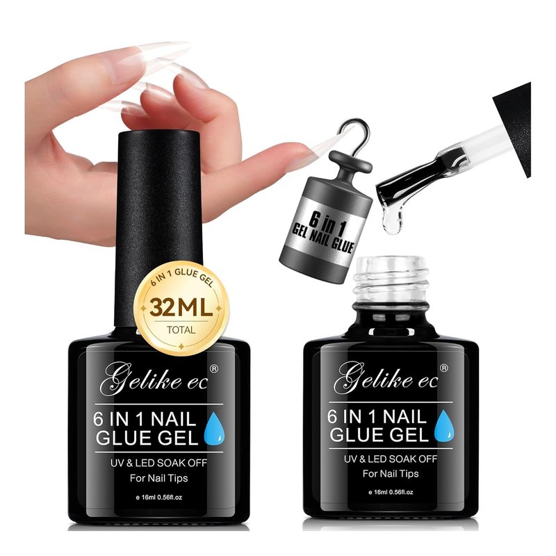 Gelike EC UV Nail Glue Gel: 32ML 6 in 1 Strong Glue Nail for Extension Home DIY Clear UV Cure Adhesive for Acrylic Nails & Press On Nails Tips 12 Toxic-Free