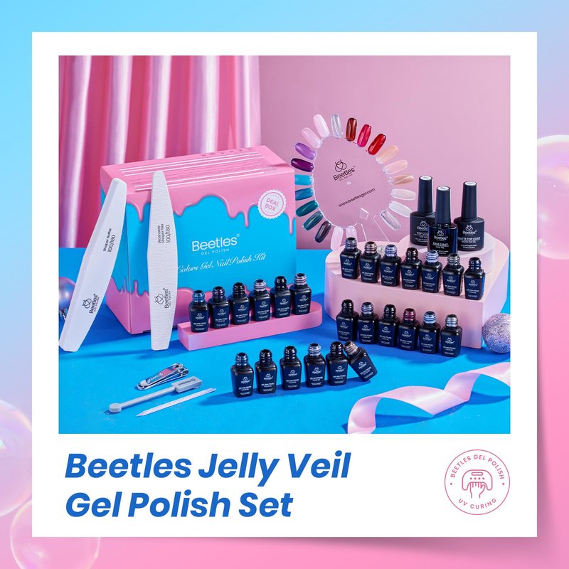 Beetles Deal Box Jelly Gel Nail Polish Set, Summer Pink Milky White Black Green Cat Eye Jelly Veil Gel Polish Set, HEMA-Free TPO-Free Base Top Coat 36 PCS 25 Colors UV LED Needed DIY Salon Home Gifts