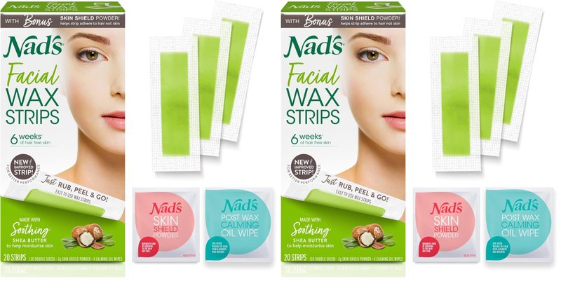 Nad's Facial Wax Strips - Hypoallergenic All Skin Types - Facial Hair Removal For Women - At Home Waxing Kit with 20 Face Wax Strips + 4 Calming Oil Wipes + Skin Protection Powder, (Pack of 2)