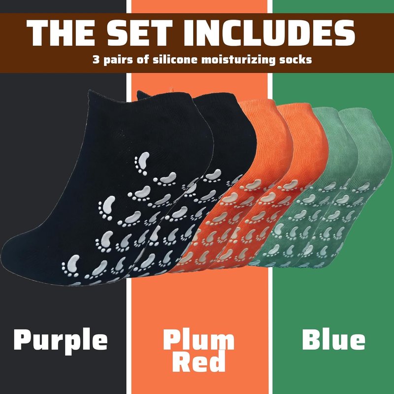 Moisturizing Gel Socks for Dry Feet - Intensive Overnight Care | 3 Pairs in Black, Orange & Green, Size S