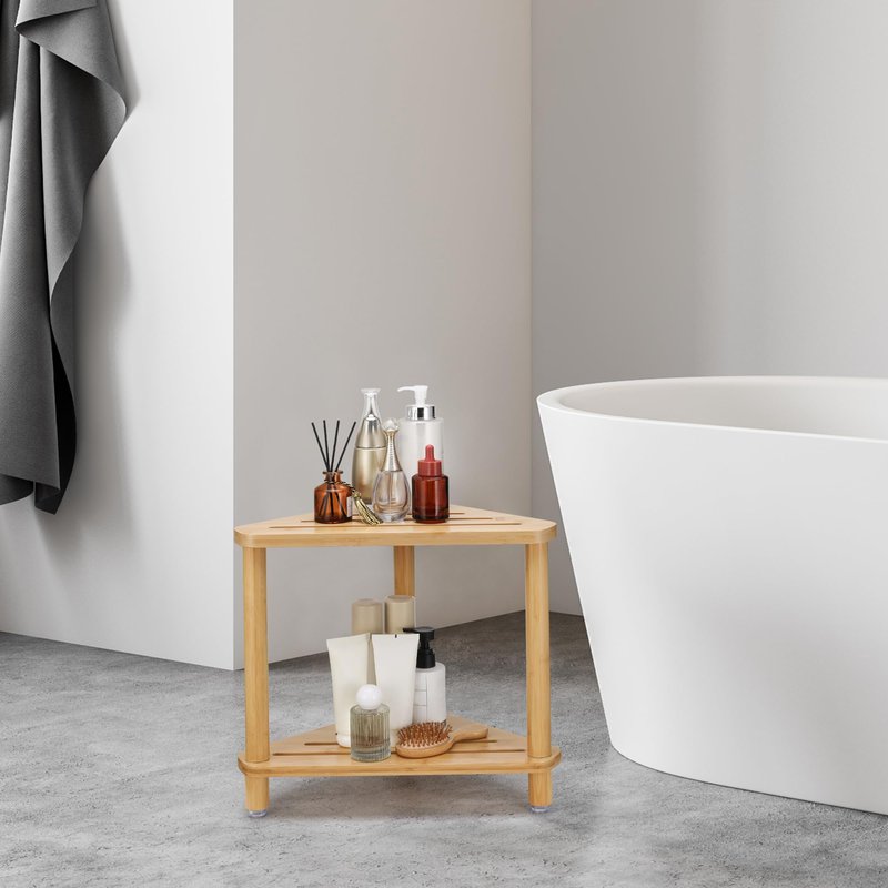 Dozesheep Bamboo Corner Shower Stool for Shaving Legs, Shower Bench for Inside Shower Foot Rest with 2-Tier Waterproof Storage Shelf for Inside Small Shower Spaces Bath Seat