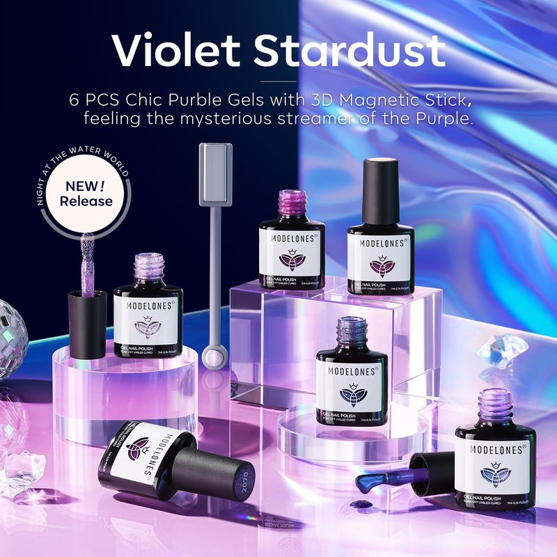 modelones Gel Nail Polish Set, 6 Colors 2026 Purple-Red/Black/Blue Sparkle Chameleon Glitter Gel Polish Purple-Black Color Changing 9D Cat Eye Nail Polish With Magnet LED Nail Art DIY Gift
