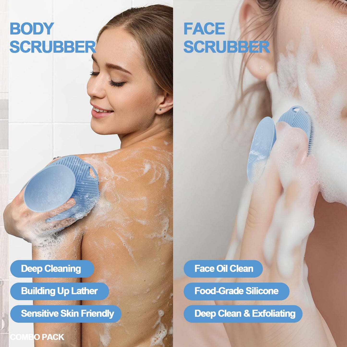 ARIOSOX, Soft Silicone Body Scrubber, Face Scrubber Silicone, Gentle Texture Exfoliating Body Scrubber for Men and Women On Sensitive Skin, Back Large Suction Cup for Easy Dry and Store (Blue)