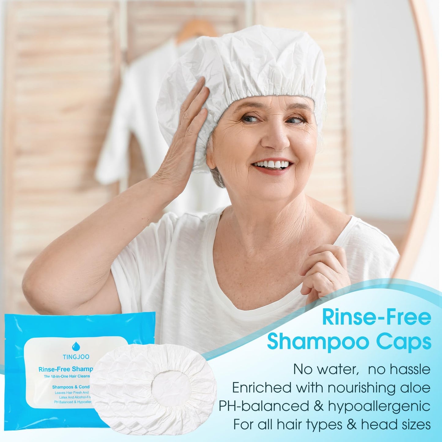 Tingjoo 5 Pcs No Rinse Shampoo Cap Bulk Waterless Rinse Free Disposable Dry Hair Wash Caps for Elderly, Bedridden Patients, Post Surgery, Hospital Stays