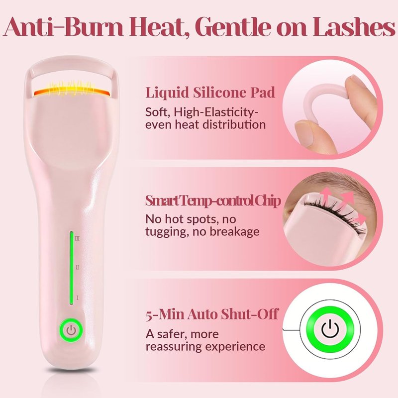 Skiennix Heated Eyelash Curler - 3 Heat Levels, Fast 8s Heating, USB-C Rechargeable, Anti-Burn Pad | Pink
