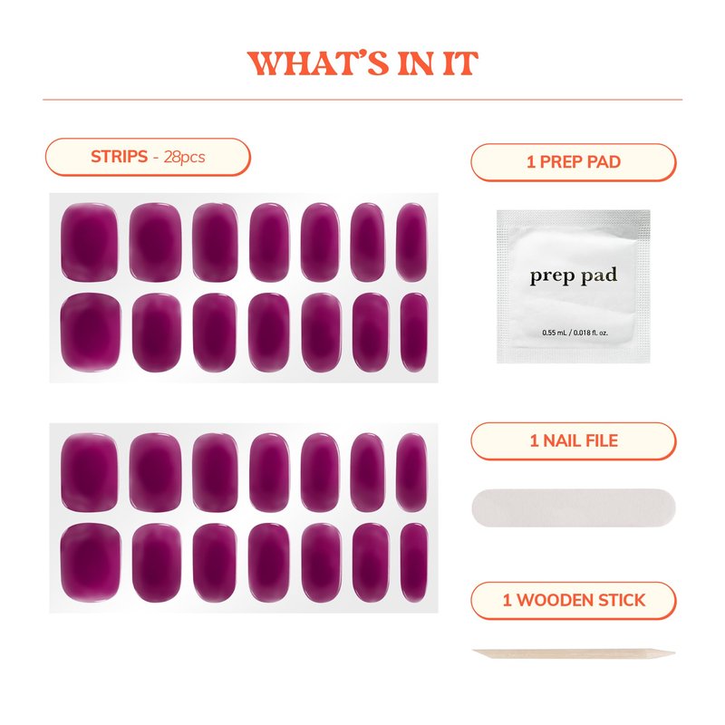 Heyhae Semi Cured Gel Nail Strips | No LED Lamp Needed | Fall, Jelly, Purple | Easy Apply & Remove, Salon Quality | Includes 28 Strips, 1 Prep Pads, Nail File & Wooden stick - Hey, Berry Bold