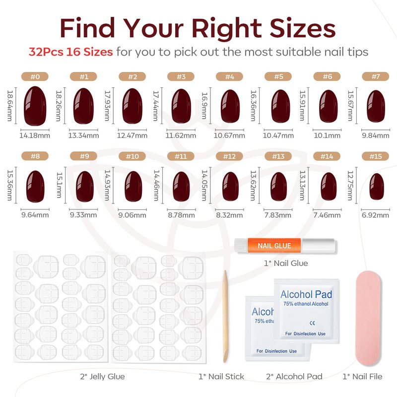 modelones Dark Red Short Press On Nails, Oval Fake Nails with Nail Glue, Adhesive Tabs, Nail File, Prep Pad, Manicure Stick, 32Pcs 16 Sizes, Cherry, Spring Women Girl Gift