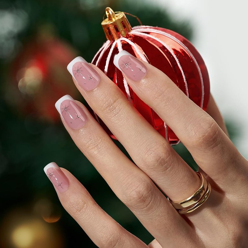 BTArtbox French Tip Press-On Nails - Short Christmas Design with Stars | Natural Soft Gel, Vanilla Cream & Starlit Sparkle
