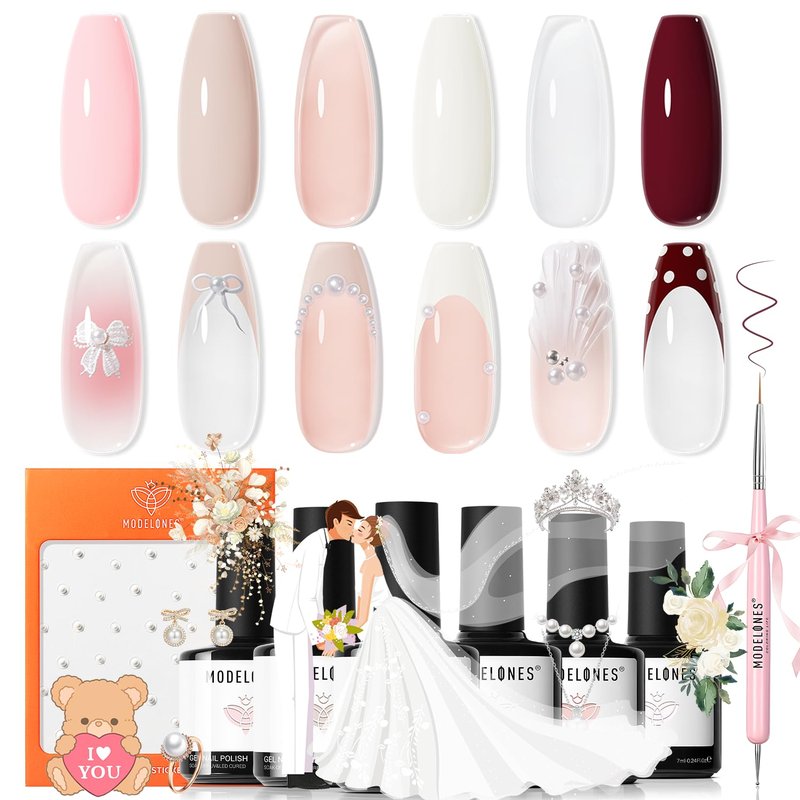 modelones Gel Nail Polish Set -6 Colors Nude Pink White Gel Polish Kit Skin Tones Brown Milky White French Jelly Nail Gel Polish Nail Art Salon DIY Gift with Pearl Stickers & Nail Dotting-Liner Brush