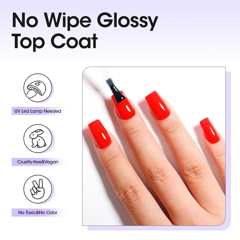 GELLEN 2 Pcs No Wipe Gel Top Coat Set, 18 ml Glossy Top Coat Gel Nail Polish, High Shiny Soak Off UV Lamp Clear Nail Polish, Home Salon Manicure Set