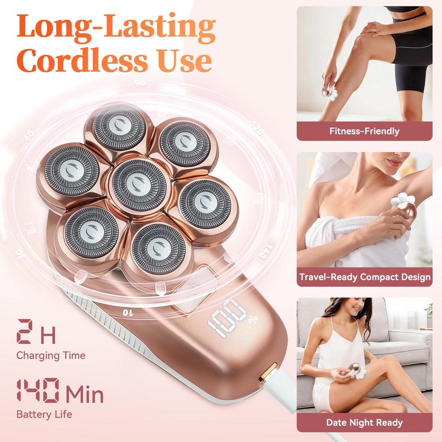 SPOTLESE Electric Razors for Women, 5-in-1 Electric Shaver with 7D Magnetic Head, IPX7 Waterproof Wet Dry Hair Remover with LED Display, Travel Lock for Body Face Underarms Bikini Legs (Rose Gold)
