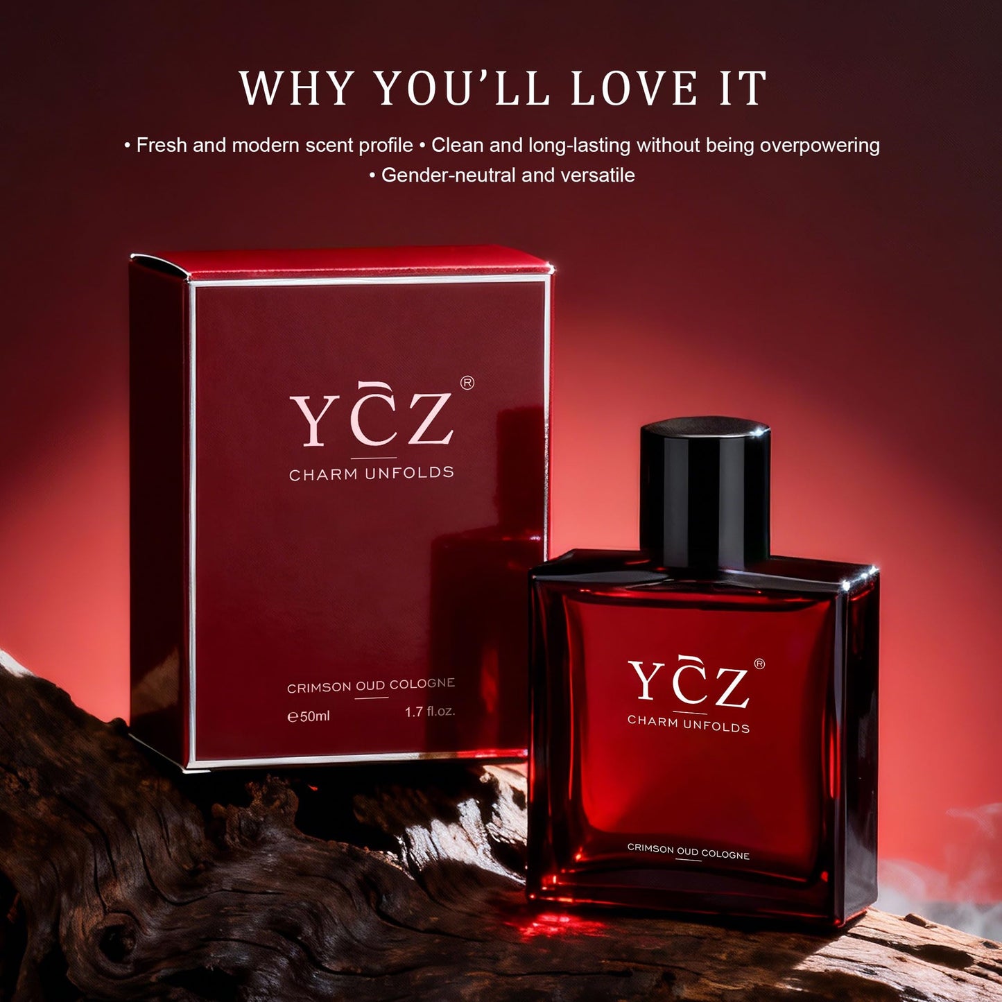 Ycz CRIMSON OUD Cologne for Men - Eau De Parfum - 1.7oz Long-Lasting Unique Oriental Woody Perfume with Rose, Raspberry, Papyrus & Amber, Ideal for Everyday Use and Special Occasions