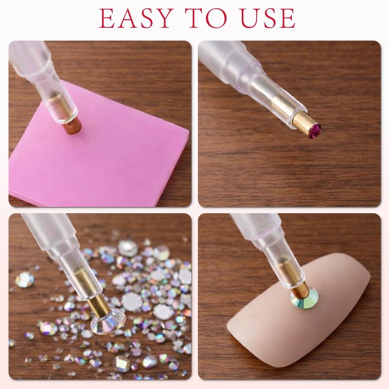 Rhinestone Applicator Tool Set(Pink)–2 Dual-Ended Picker Handles with 12 Plastic Tips, Adhesive Clay and Bedazzling Accessories for Nail Art Crafts