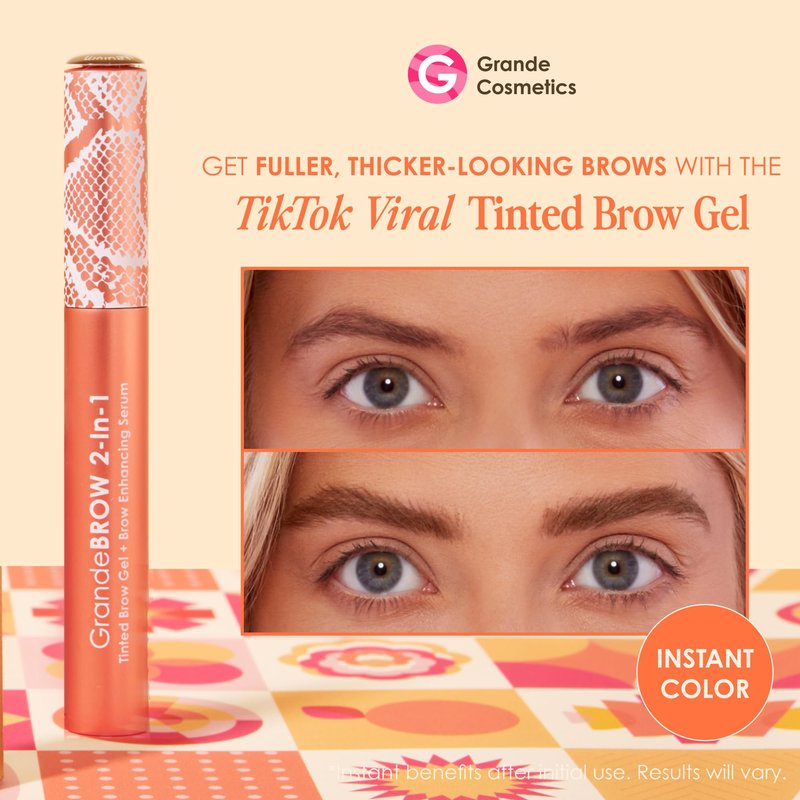 Grande Cosmetics GrandeBROW 2-in-1 Tinted Brow Gel + Brow Enhancing Serum for Thicker & Darker-Looking Eyebrows, Shape & Fill Brows, with Castor Oil & Mini Fibers - Medium, Full Size (0.12 fl oz)