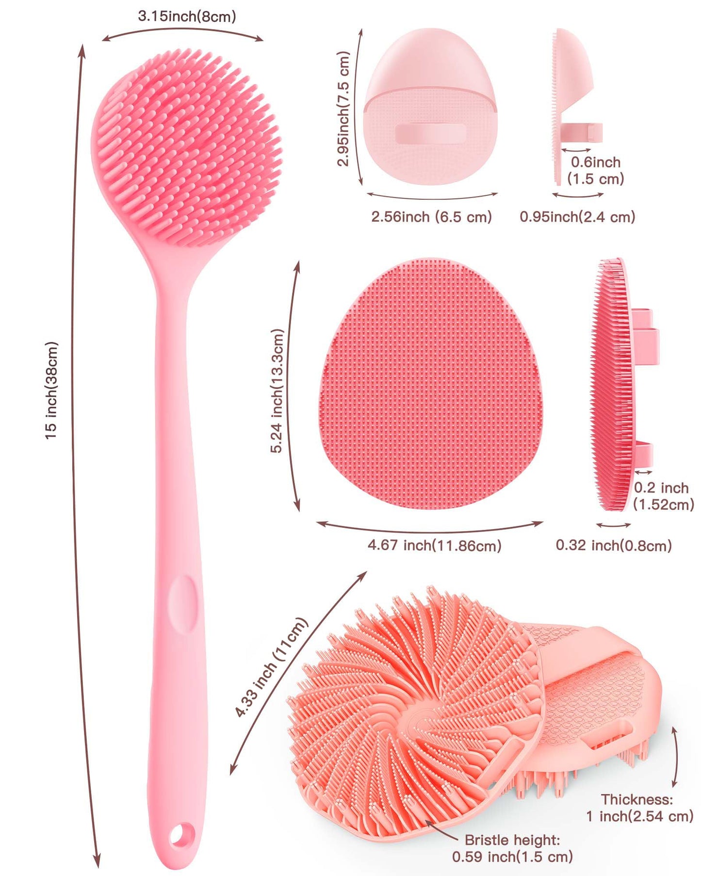 Manmihealth Silicone Back Scrubber & Soft Bath Glove Set 4 PCS(Thick Bristles), Super-Exfoliating Body Scrubber & Super-Lathering Shower Brush Combination, with 2 Adhesive Hooks (Pink)
