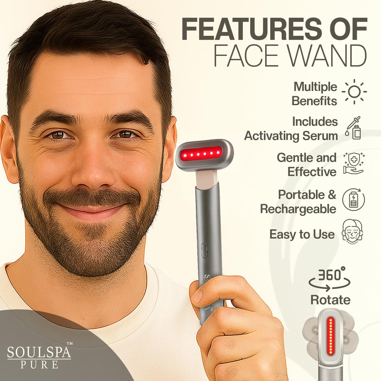 Soulspa Pure 7 in 1 LED Light Wand for Face, Neck & Eye – Silver with Activating Serum | Multifunctional Skincare Tool for Home Use
