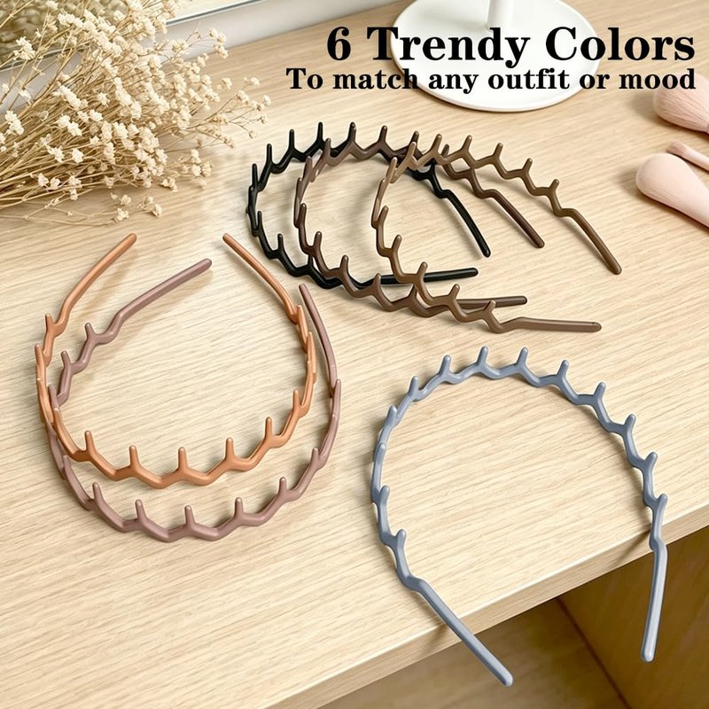 ELLOPH 6 Pack Zig Zag Headbands for Women, Non Slip Headband with Teeth, Plastic Hair Bands for Daily Work Makeup Sports 90s Retro Style Hair Accessories for Women Girls