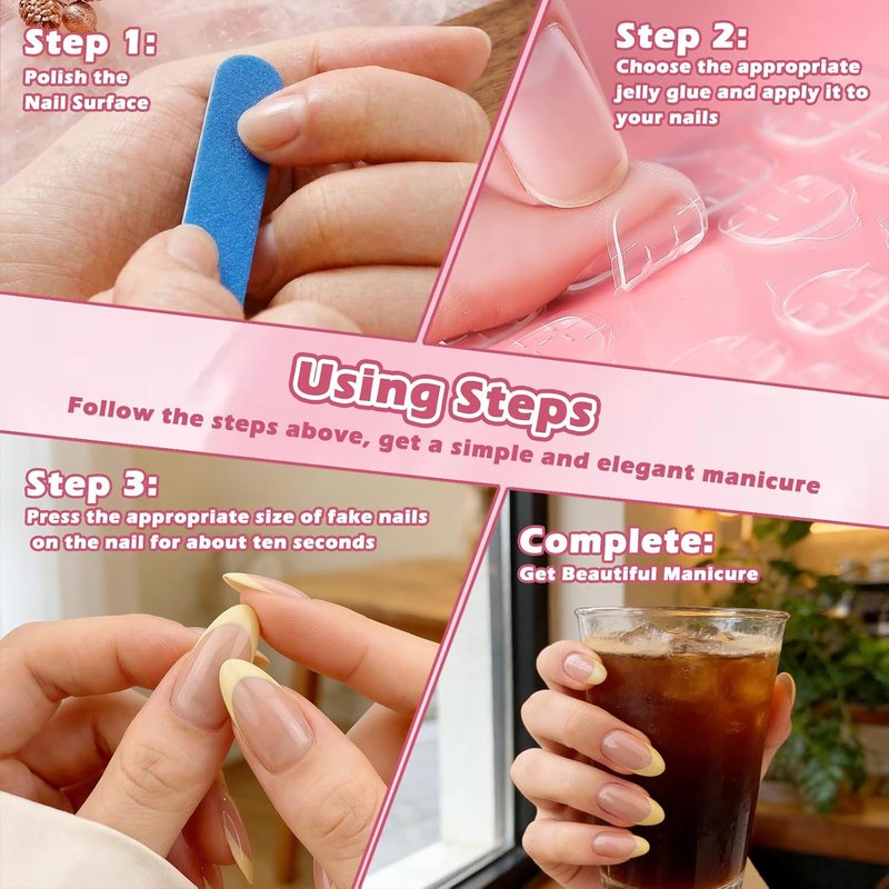 FANTEXY French Tip Press on Nails Kit Short Almond Nail Tips Soft Gel,Reusable Stick On Nails in 12 Sizes,24 Fake Nail Kit With Adhesive Tabs and a Rubbing Strip,French Tip Press ons Almond