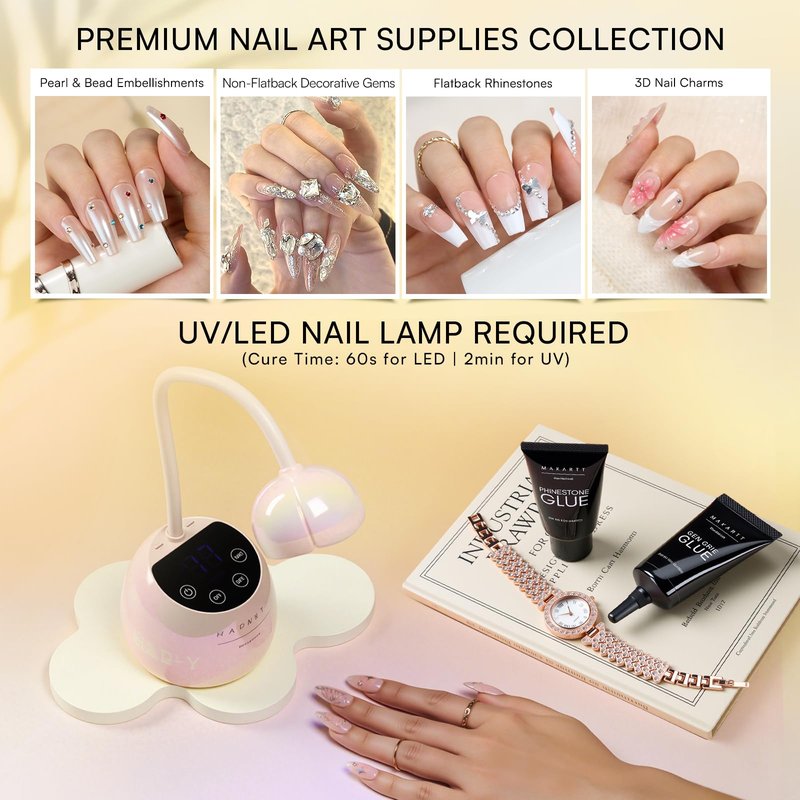 Makartt Nail Rhinestone Glue Gel Set: 60g 3D Super Strong No Wipe Nail Glue for Charms Gems Crystals Beads Decorations Gem Grip Glue DIY Beginners & Salon UV Lamp Needed (2PCS Low & Medium Viscosity)