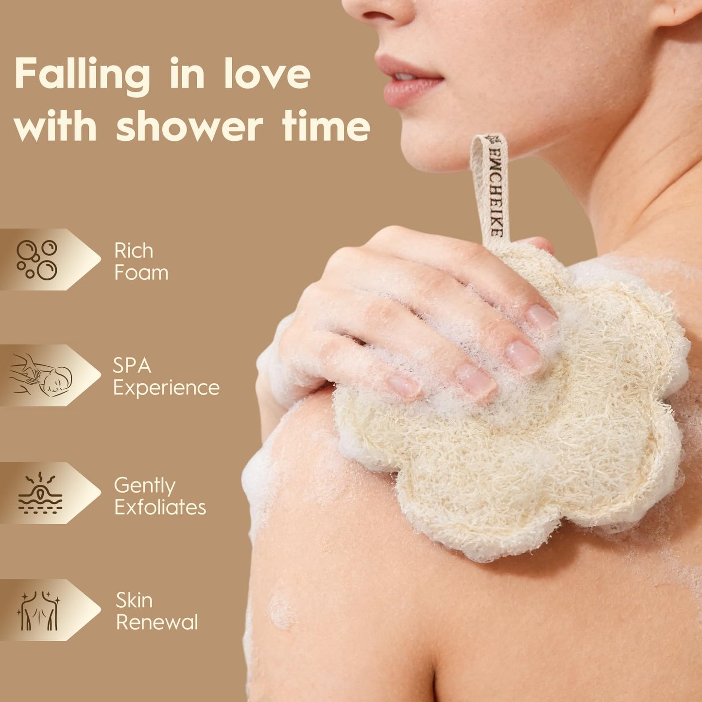 EMCHEIKE Natural Loofah Exfoliating Body Scrubber with Adhesive Hook Natural Egyptian Shower Loofah Sponge Thin and Soft Travel Loofah Sponge for Women & Men (3 Packs)