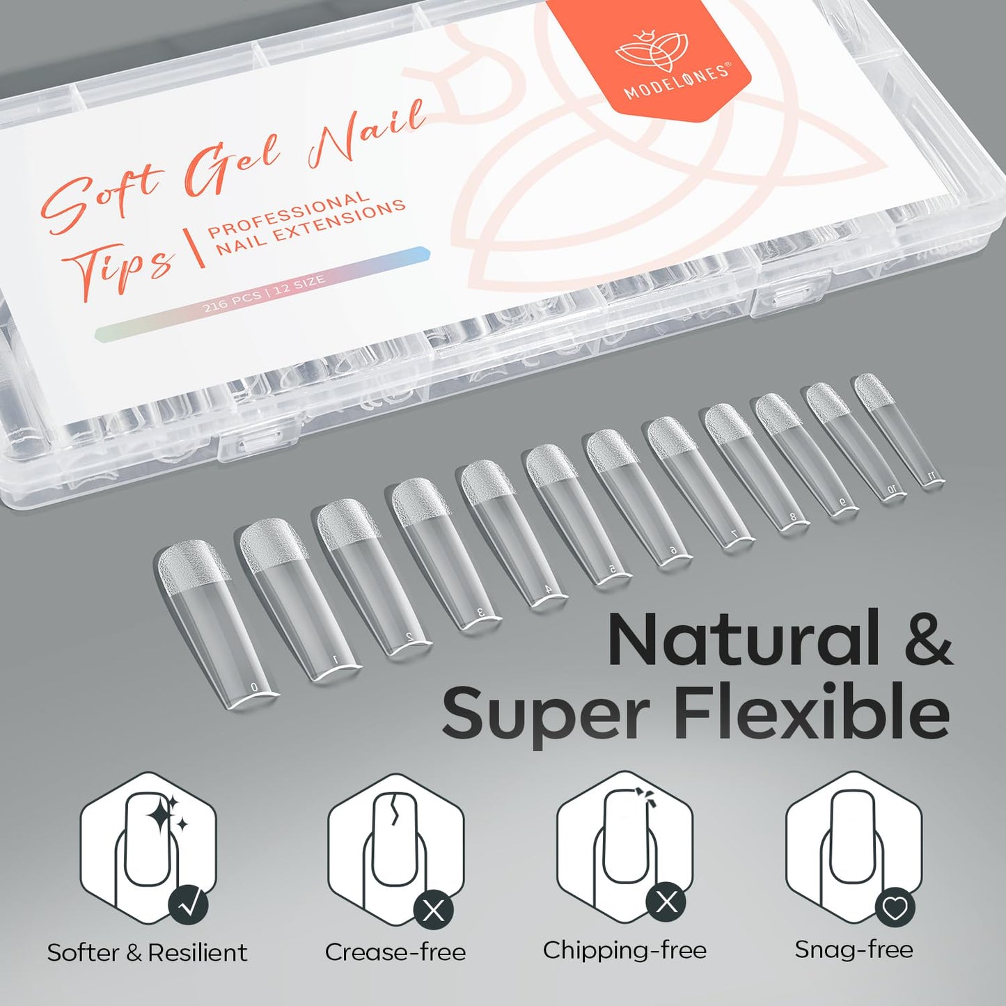 XXL Long Square Nail Tips - Pre-shaped Soft Gel Fake Nails for DIY Manicure | 216 PCS, 12 Sizes