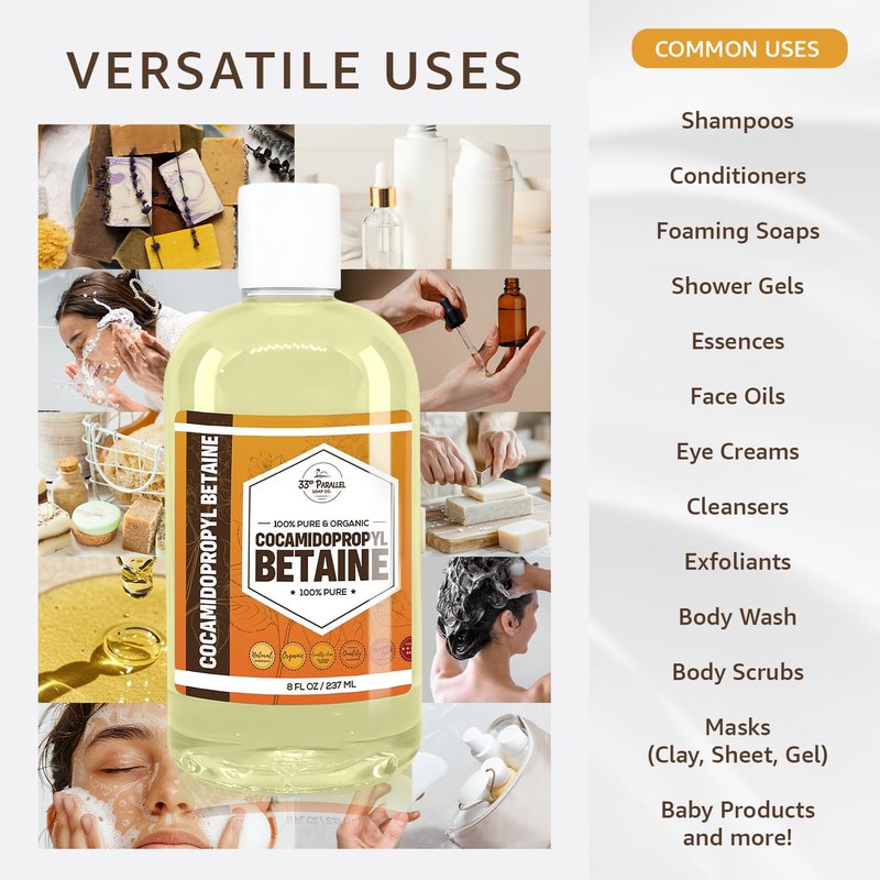 Cocamidopropyl Betaine (32oz) Natural Surfactant | Premium Coco Betaine Liquid, Cosmetic Grade, Gentle on Skin | Suitable for Facial Cleansers, Shampoos, Body Washes, Bubble Baths, Soap | 32 OUNCES