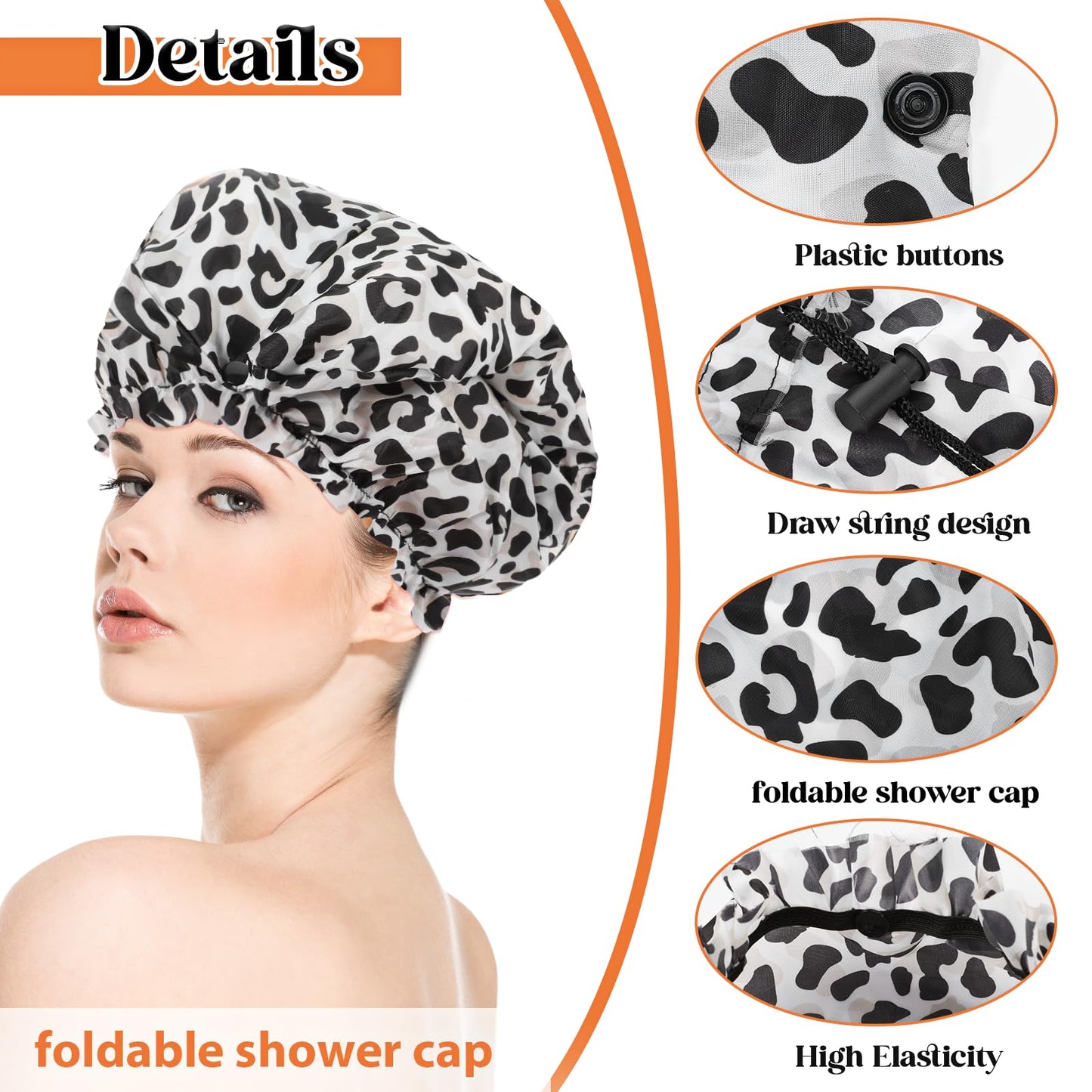 2 Pcs Large Shower Cap for Braids, Extra Long Shower Cap for Women Long Hair & Locs, Waterproof Hair Bonnets for Dreadlocks Drawstring Bath Caps for Women & Men (Black, Cow Print)
