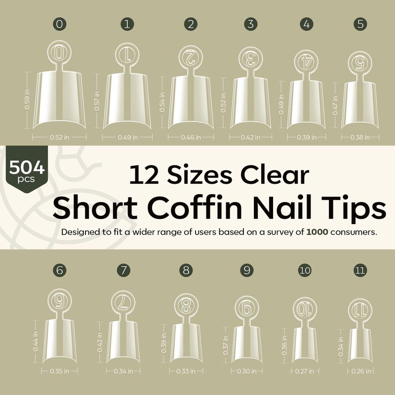 modelones Short Coffin Nail Tips, 504 PCS Half Cover Clear Acrylic Nail Tips Gel with Removable Number Handle with Box 12Sizes