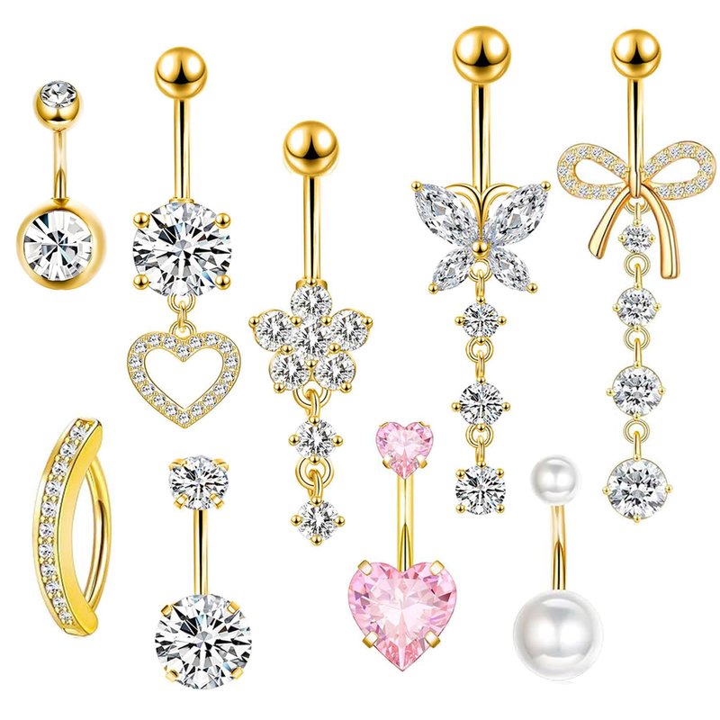 14G Gold Hoop Belly Button Ring For Women Surgical Stainless Steel Dangle Belly Rings Clicker CZ Belly Button Piercing Pack Butterly Heart Cute Flower Bow Dainty Navel Piercing Jewelry(gold)