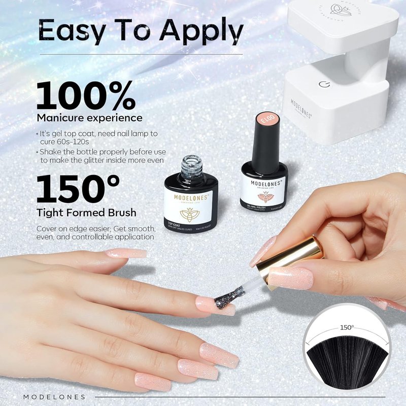 Modelones Glitter Gel Top Coat - Reflective Iridescent Silver Glitter | Long-Lasting No Wipe Nail Polish